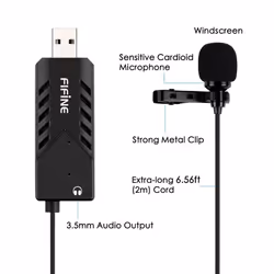 FIFINE USB Microphone, Clip-on Computer Microphone Plug and Play USB Lavalier Lapel Microphone With Sound Card for PC and Mac.(K053)