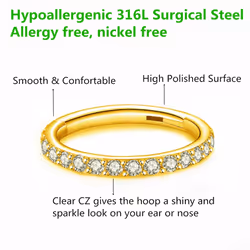 BLESSMYLOVE Clear CZ Gold 16G 9mm Nose Rings Hoop 316L Surgical Steel