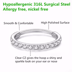 BLESSMYLOVE Clear CZ Silver 20G 10mm Nose Rings Hoop 316L Surgical Ste
