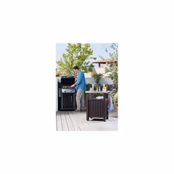 Keter Unity Portable Outdoor Table and Storage Cabinet with Hooks for Grill Accessories-Stainless Steel Top for Patio Kitchen Island or Bar Cart, Espr