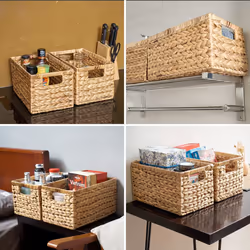 BARIEN Set of 6 Natural Water Hyacinth Woven Storage Baskets 12.6  x 8  x 7   Rectangular Wicker Basket with Builtin Handles  Medium (Natural  Set of
