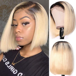1B/613 Ombre Blonde Bob Wigs Straight 10Inch 13x4 HD Transparent Lace Front Ombre Blonde Brazilian Virgin Human Hair Glueless Pre Plucked Natural Hair