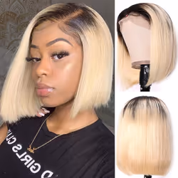 Ombre Blonde HD Lace Wigs Brazilian Virgin Human Hair #1B/613 Dark Roots Bob Wig Glueless Straight 12Inch 180% Density Remy H ...