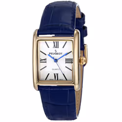 Peugeot Women's 14K Gold Plated Tank Leather Dress Watch with Roman Numerals Dial Blue