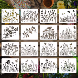 16 Pieces Wildflower Stencils for Painting Reusable Small Spring Wild Flower Stencils Wall Stencils DIY Small Drawing Templ ...