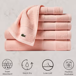 LACOSTE Heritage Supima Cotton 6-Piece Towel Set  2 Bath Towels  2 Hand Towels  2 Washcloths  Light Pink