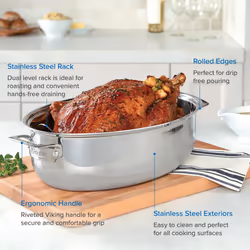 Viking Culinary 3-Ply Stainless Steel Oval Roasting Pan  8.5 Quart  Includes Metal Induction Lid & Rack  Dishwasher  Oven Safe  Works on All Cooktops