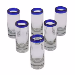 NOVICA Artisan Crafted Hand Blown Clear Blue Rim Recycled Glass Shot Glasses, 2 Oz. Tequila Blues (Set Of 6)