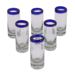 NOVICA Artisan Crafted Hand Blown Clear Blue Rim Recycled Glass Shot Glasses, 2 Oz. Tequila Blues (Set Of 6)