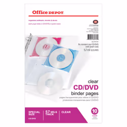 Office Depot CD/DVD Binder Pages  6in. x 10 1/2in.  Clear  Pack of 10  491802