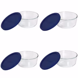 Pyrex Storage Plus 7-cup Round Glass Food Storage Dish Blue Plastic Covers Pack of 4 Containers Made in the USA