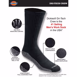 Dickies Men's Dri-tech Moisture Control Crew Socks Multipack  Black (6