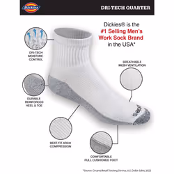 Dickies Men's Dri-Tech Moisture Control Quarter Socks (6  12  18  Whit