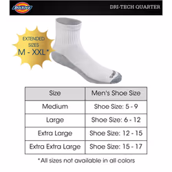 Dickies Men's Dri-Tech Moisture Control Quarter Socks (6  12  18  Whit