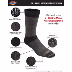 Dickies Men's Dri-Tech Moisture Control Max Full Cushion Crew Socks  Available in M-XL 6  12  Black Marl 6 Pairs  Large