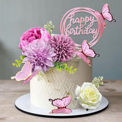 14 PCS Butterfly Cake Toppers Happy Birthday Cake Decorations with Artificial Purple Flowers Eucalyptus Butterflies for Girls Birthday Party Wedding B