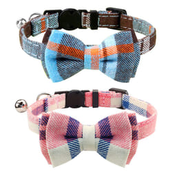 Joytale Upgraded Cat Collar with Bells  Breakaway Cat Collars with Bow Tie  2 Pack Girl Boy Safety Plaid Kitten Collars  Haze Blue+Pink