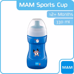 MAM Sports Cup, 330 ml, Trendy Non-Spill Cup for 12+ Months, Baby Cup Bottle with Free Flow Spout, Toddler Cup, Blue (Designs May Vary)