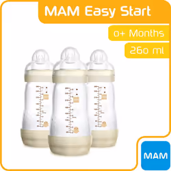 MAM Easy Start Self Sterilising Anti-Colic Bottle Pack of 3 (3 x 260 ml), MAM Baby Bottles with Medium Flow Teats, Essentials for Baby Feeding, Ivory
