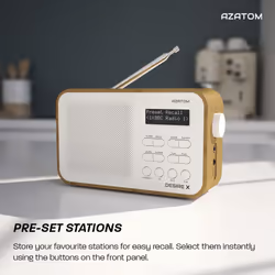 DAB DAB+ FM Digital Radio, Portable, Dual Alarm, Battery & Mains, AUX, Headphone, 60 Presets, Sleep timer (AZATOM Desire X Oak)