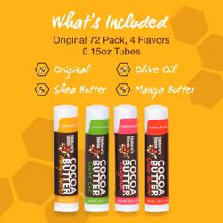 Nature's Bees - Cocoa Butter Lip Balm Moisturizer - Original 72 Pack  4 Flavors - Original  Shea Butter  Mango Butter  Olive Oil - Made w/Coconut Oil