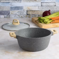 Ecolution Farmhouse Cast Aluminum  Durable Nonstick Coating  Stainless Steel Base  Even Heating  Dishwasher Safe  Wood Look Handle  6-Quart Dutch Oven
