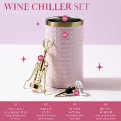 Paris Hilton Wine Bottle Chiller Set  Insulated Double Wall Chiller  Gold Winged Corkscrew Wine Bottle Opener  Diamond Wine Stopper  3-Piece Set  Pink