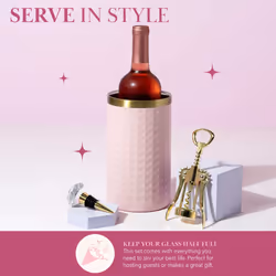 Paris Hilton Wine Bottle Chiller Set  Insulated Double Wall Chiller  Gold Winged Corkscrew Wine Bottle Opener  Diamond Wine Stopper  3-Piece Set  Pink