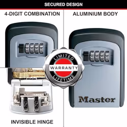 MASTER LOCK Key Safe Wall Mounted, Medium 85 x 119 x 36 mm, Outdoor, Mounting Kit, for Home Office Industries Vehicles, Black & Silver