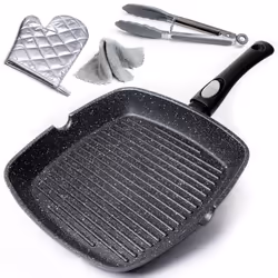 Chef Wonderful Non-Stick Griddle Pan for All Hobs with Glove & Cloth. Aluminium Steak Pan (28cm) Marble Coating & Detachable ...