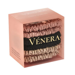 V?NERA Silk Scrunchies - 100% Pure 22 Momme Mulberry Silk Hair Ties (Black-Caramel-Pink)
