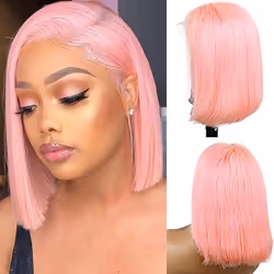 Silky Straight Pink Bob Wigs Brazilian Human Hair HD Transparent 13x4 Lace Front Wigs Virgin Hair 180% Density Pre Plucked wi ...