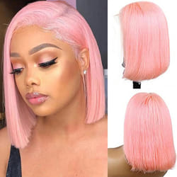 Silky Straight Pink Bob Wigs Brazilian Human Hair HD Transparent 13x4 Lace Front Wigs Virgin Hair 180% Density Pre Plucked with Baby Hair 10 Inch Blea
