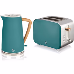 Swan Nordic Cotton White Kitchen Set with 1.7 Litre Kettle and 4 Slice Toaster, Wood Effect and Soft Touch Matte Fin - Green, ...