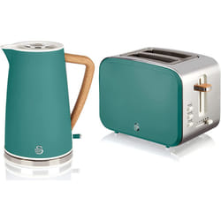 Swan Nordic Cotton White Kitchen Set with 1.7 Litre Kettle and 4 Slice Toaster, Wood Effect and Soft Touch Matte Fin - Green, Kettle & 2 Slice Toaster