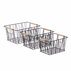 Amazon Basics Rectangular Wire Storage Baskets  Set of 3  Standard  Black