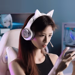 Edifier G6 PRO Gaming wireless Headset with cat ears for PC, PS4, Gaming Headphones with 7.1 Surround Sound, Noise Canceling Microphone and RG - White