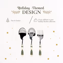 Spode Christmas Tree Collection 3-Piece Cutlery Set, Stainless Steel, Porcelain Handle, Hostess Flatware Serving Set, Holiday Silverware, Meat Fork, S