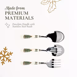 Spode Christmas Tree Collection 3-Piece Cutlery Set, Stainless Steel, Porcelain Handle, Hostess Flatware Serving Set, Holiday Silverware, Meat Fork, S