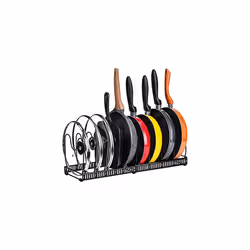Toplife Expandable Pans Organiser Rack, 10 Adjustable Compartments, Pantry Cabinet Bakeware Lid Plate Holders, Black