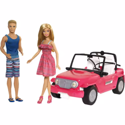 Barbie Car Beach Cruiser with Doll in Sundress and Ken Outfit  Pink 2-