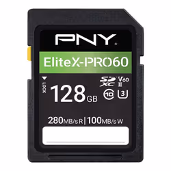 PNY EliteX-PRO60, 128 GB, SDXC, Class 10, UHS-II, 280 MB/s, 100 MB/s