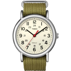 Timex Mens Indiglo Watch Green Nylon Strap Cream Dial T2N651
