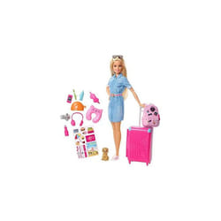 Barbie Travel Doll, Blonde, Stickers and 10+ Accessories, FWV25