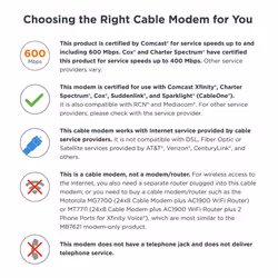 Motorola 24x8 Cable Modem  Model MB7621  DOCSIS 3.0. Approved by Comcast Xfinity  Cox  Charter Spectrum  Time Warner Cable  and More. Downloads 1 000