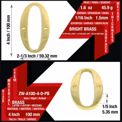 ZW Hardware A100 4 Inch Bright Brass House Number 0