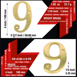 ZW Hardware A100 4 Inch Bright Brass House Number 9