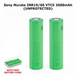 Sony Murata VTC5 INR 18650 2600mAh 3.6V High-Drain 20A Lithium Ion (Li-ion) Unprotected Flat Top Batteries With Battery Case - 2 PACK