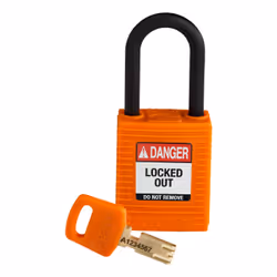 Brady SafeKey, Conventional padlock, Key lock, Keyed to differ, Orange, Nylon, Plastic