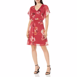 DKNY Women's Smocked Waist Chiffon V-Neck Dress  Paprika Multi  16